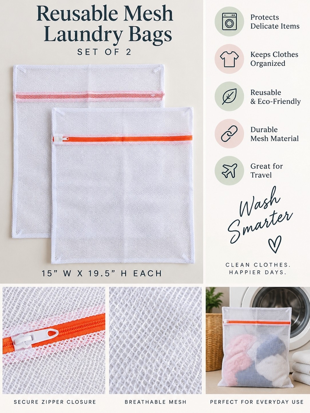 Reusable Mesh Laundry Bags–Set of 2, Size 15 x 19 ½ inches, Bundle 3/$15